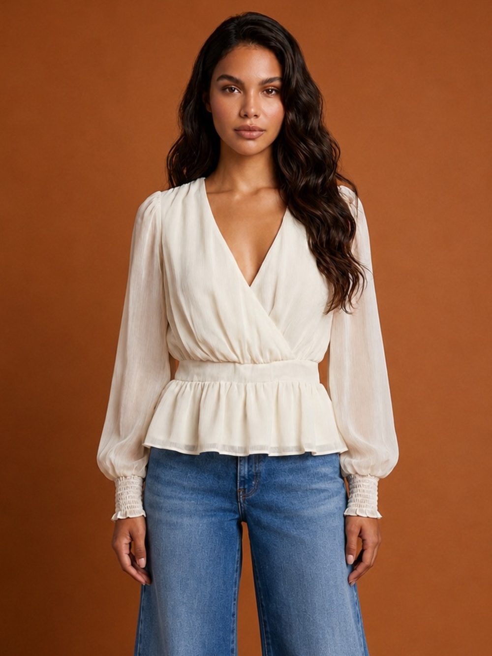Express Ivory Long Sleeve Surplice Peplum Blouse | NWT | Size Small